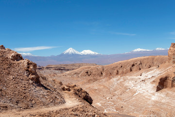 Moonlike landscape of dunes, rugged mountains and rock formations of Valle de la Luna (Moon valley), Atacama desert, Chile