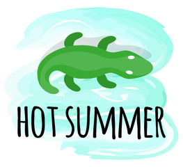 Hot summer isolated label, vector inflatable crocodile in sea waters, cartoon toy. Vector swimming equipment, nautical safety aid, rubber animal, summertime