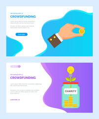 Crowdfunding, vector money tree growing from glass jar, dollar of usa, stable currency in businessman hands. financial assets donation investment. Website or webpage template, landing page flat style