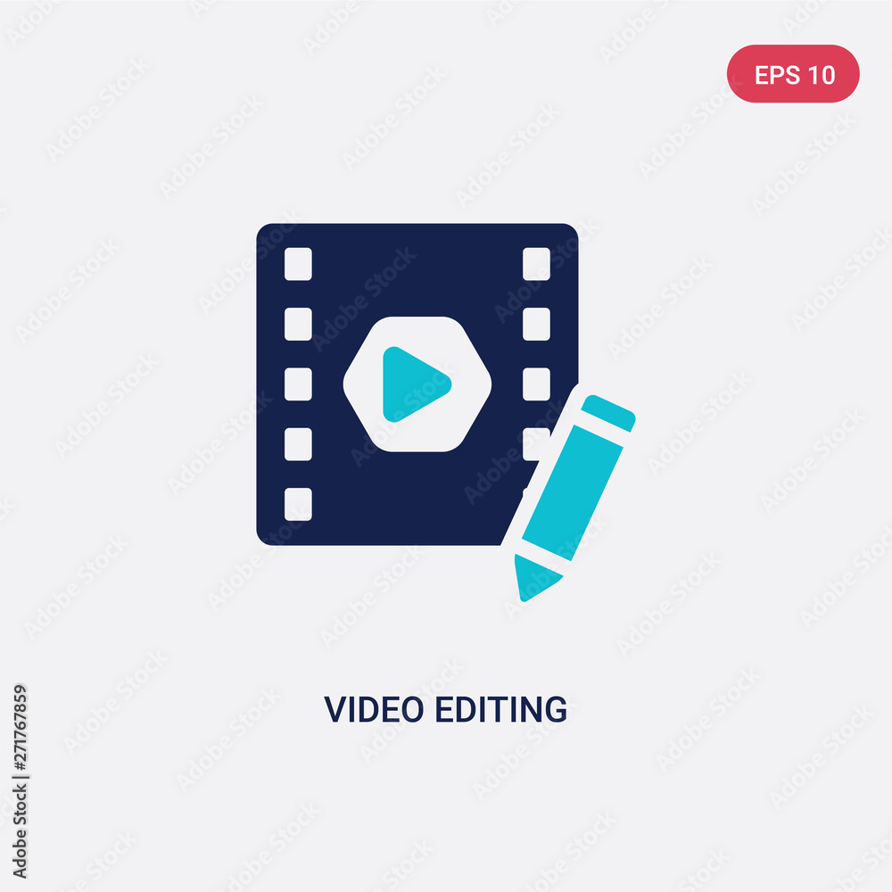 Poster two color video editing vector icon from entertainment and arcade concept. isolated blue video editi