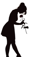 silhouette of a young elegant woman in a dress tilted his head to the bud of rose, figure of slim...