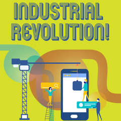 Text sign showing Industrial Revolution. Business photo text time during which work done more by machines Staff Working Together for Common Target Goal with SEO Process Icons