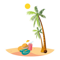 summer beach with palms and flip flops scene