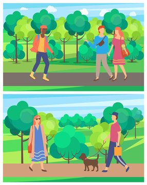Meeting of man and woman in park, passerby on roller-skates, people going on road near trees, walking of male and female character, person with dog vector