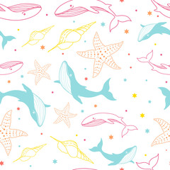 Naklejka na ściany i meble Seamless pattern with whales, dolphins, starfish, seashells and dots. Marine theme. Hand-drawn illustration.