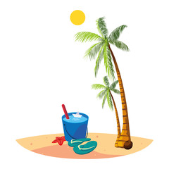 summer beach with palms and water bucket scene