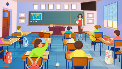 Cartoon classroom interior with view on blackboard, school desks with chairs, bookcase, door and window. Classroom with children and teacher. Flat Vector Illustration.