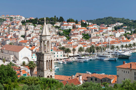 View from Sveti Marko Church to Arsenal and promenade at the port, Hvar, Hvar Island, Dalmatia, Croatia