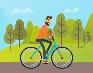 Man riding bicycle outdoor, side view of boy in casual clothes, smiling boy with beard going near trees and mountain landscape, biking weekend vector