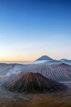 View over volcanic peaks and lava landscapes around Mount Bromo at dawn, Java, Indonesia