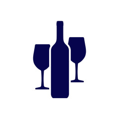 Wine bottle and two wine glasses that standing behind the bottle. Vector icon isolated on white background.