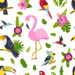 Seamless pattern with cute birds and plants