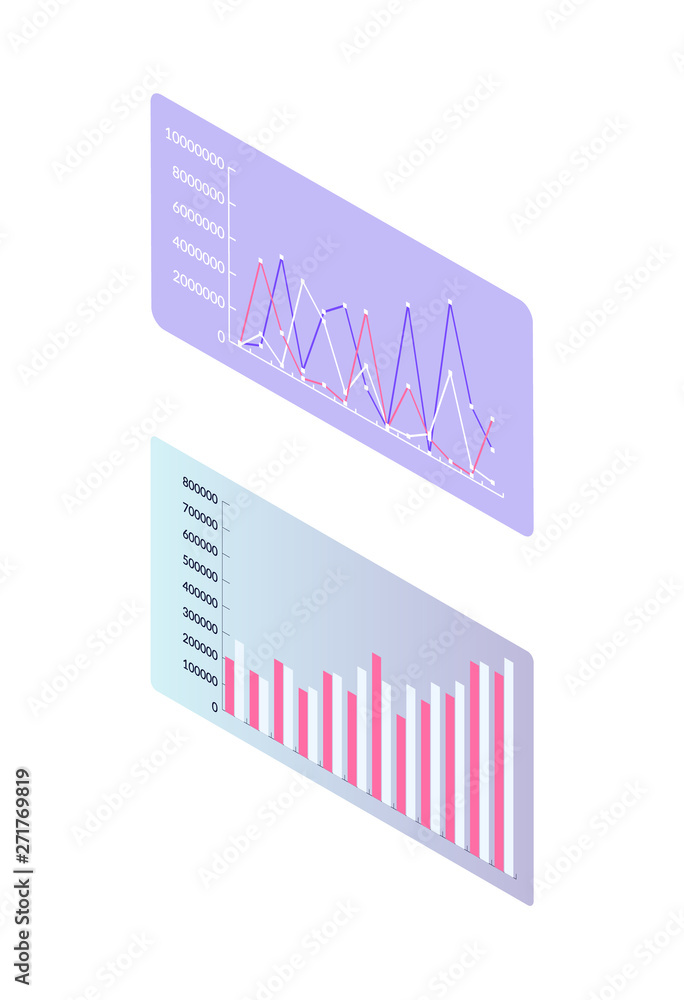 Poster flowcharts and infographics on screens vector. isolated isometric 3d icons, statistics on business p
