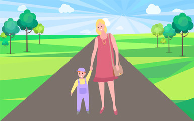 Obraz na płótnie Canvas Mother and kid walking vector, woman teaching son to walk in city park with buildings. Mom and small child, person with handbag and kiddo wearing bodysuit