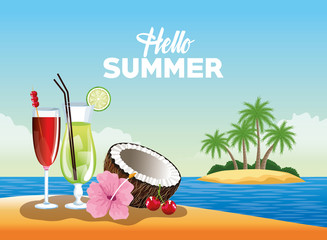 Hello summer card poster with cartoons