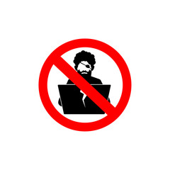  Icon of digital pirate with laptop in ban sign.