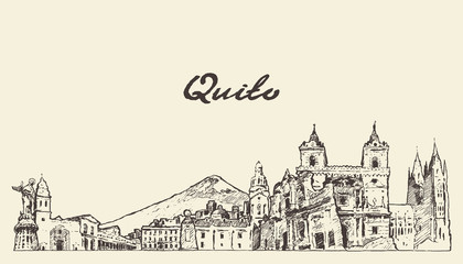 Quito skyline Ecuador hand drawn vector sketch