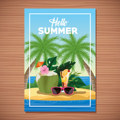 Hello summer card poster with cartoons