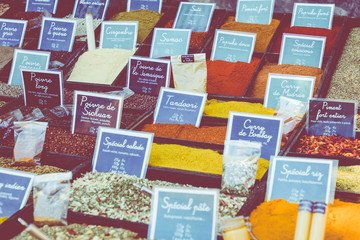 Various spices on farmer market in Monaco.
