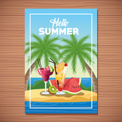 Hello summer card poster with cartoons