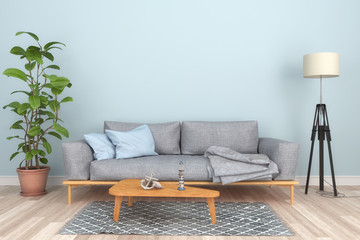 3d Illustation - Skandinavisches, nordisches Wohnzimmer mit einem Sofa und Tisch - Textfreiraum - Platzhalter