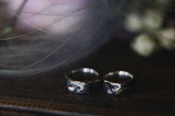 Modern wedding jewelry. Closeup of two wedding rings on natural background with flowers and leaves.
