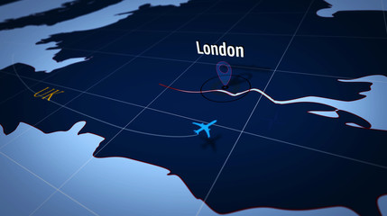 London on blue map with plane