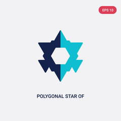 Obraz premium two color polygonal star of six points vector icon from geometry concept. isolated blue polygonal star of six points vector sign symbol can be use for web, mobile and logo. eps 10