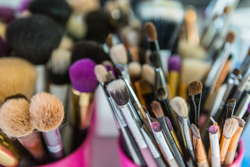 makeup accessories, brushes, palette, make-up and make-up. working environment of make-up artist. makeup background.