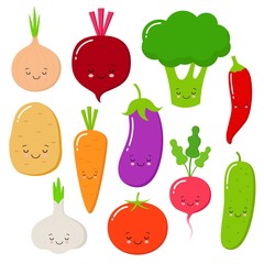 Cartoon vegetables vector set in flat style. Onion, carrot, cucumber, paprika, tomato, pepper, broccoli, garlic, potato