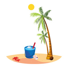 summer beach with palms and water bucket scene