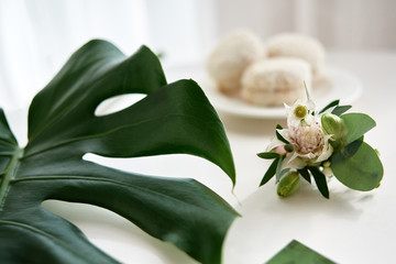 Wedding boutonniere, large green monstera leaf and french macaroons on white wood table background,...