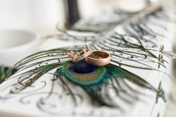 Close up of two golden wedding rings on peacock feather background, copy space. Selective focuse. Wedding concept