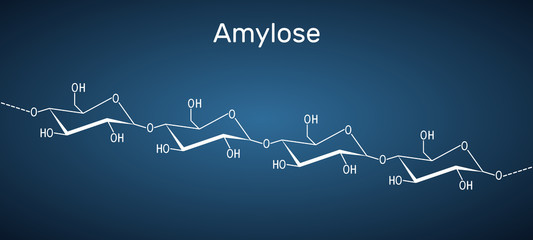 Obraz premium Amylose molecule. It is a polysaccharide and one of the two components of starch. Structural chemical formula on the dark blue background