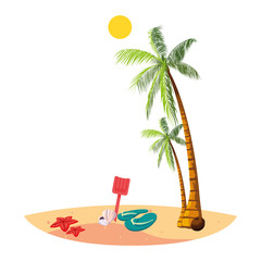 summer beach with palms and flip flops scene