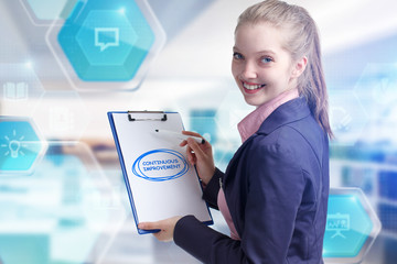 Business, technology, internet and networking concept. Young entrepreneur showing keyword:...