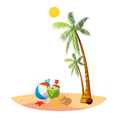 summer beach with palms and sand bucket scene