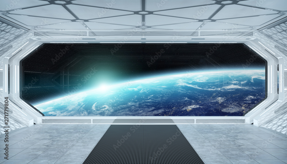 Poster white blue spaceship futuristic interior with window view on planet earth 3d rendering