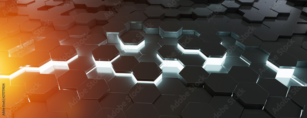 Aufkleber black blue and orange hexagons background pattern 3d rendering