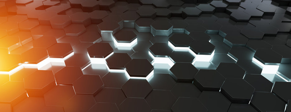 Black blue and orange hexagons background pattern 3D rendering © sdecoret