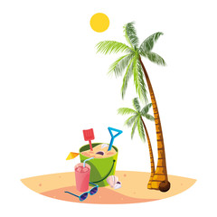summer beach with palms and sand bucket scene
