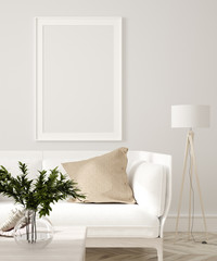 Poster, wall mockup in beige interior with white sofa, wooden table and plants, Scandinavian style, 3d render