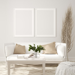 Poster, wall mockup in beige interior with white sofa, wooden table and plants, Scandinavian style, 3d render