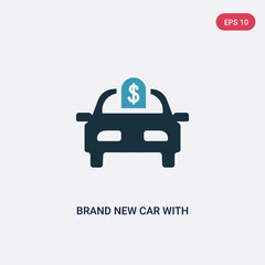 two color brand new car with dollar price tag vector icon from mechanicons concept. isolated blue brand new car with dollar price tag vector sign symbol can be use for web, mobile and logo. eps 10