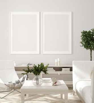 Poster, wall mockup in beige interior with white sofa, wooden table and plants, Scandinavian style, 3d render