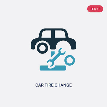 Two Color Car Tire Change Vector Icon From Mechanicons Concept. Isolated Blue Car Tire Change Vector Sign Symbol Can Be Use For Web, Mobile And Logo. Eps 10