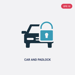 two color car and padlock vector icon from mechanicons concept. isolated blue car and padlock vector sign symbol can be use for web, mobile and logo. eps 10