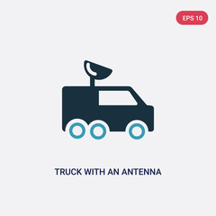 two color truck with an antenna on it vector icon from mechanicons concept. isolated blue truck with an antenna on it vector sign symbol can be use for web, mobile and logo. eps 10