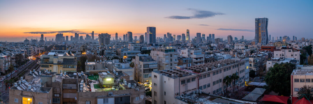 View of Tel Aviv skyline at sunrise, Tel Aviv, Israel