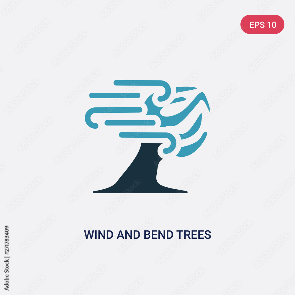 Poster two color wind and bend trees vector icon from meteorology concept. isolated blue wind and bend tree